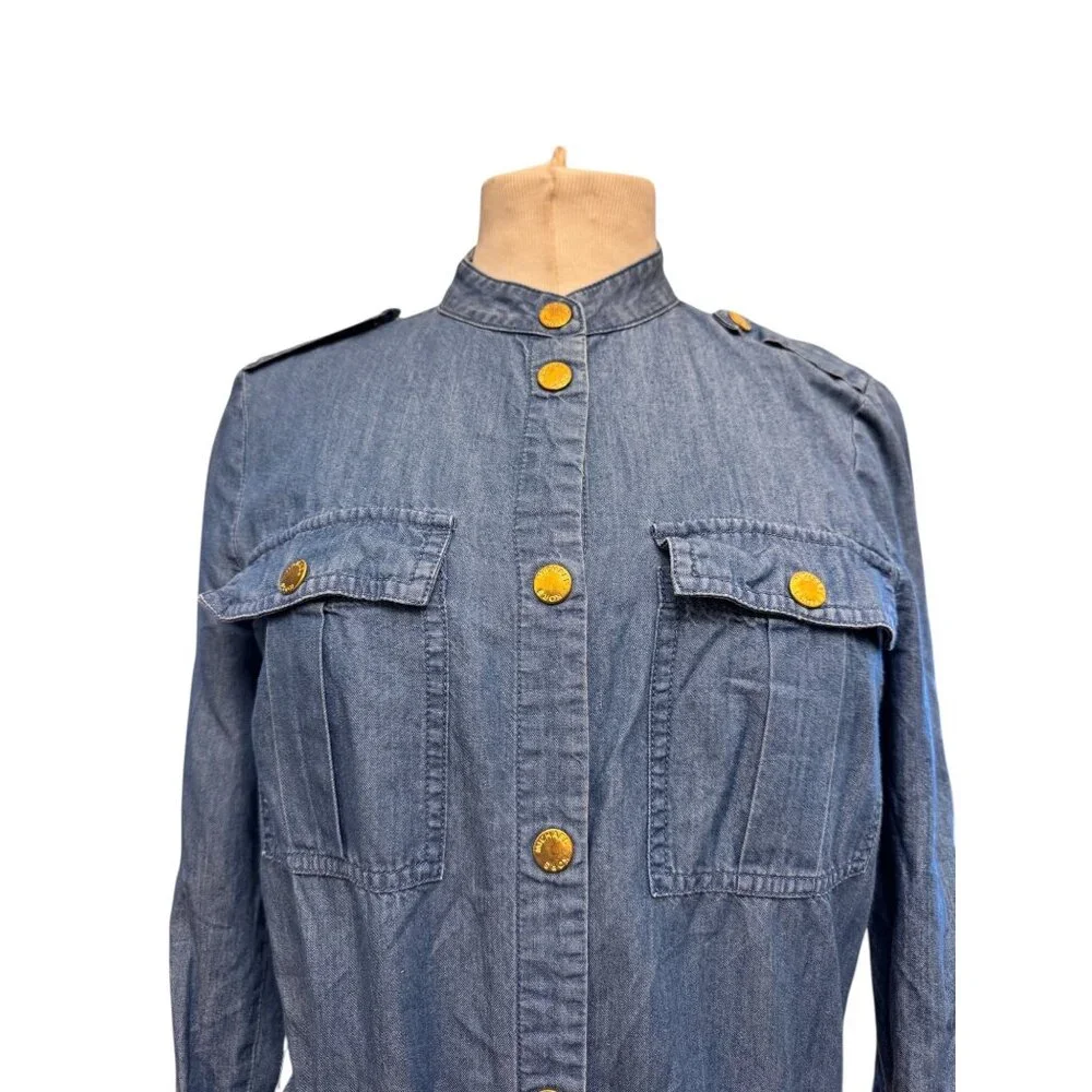 Michael Kors Denim Maxi Shirt Dress W/ Gold Buttons & Belt P/S Long Sleeve Casua - Picture 6 of 9